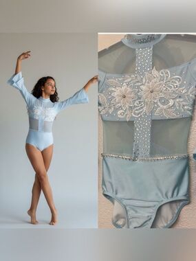 LA Dance contemporary lyrical solo costume blue long sleeve Adora illusion LC